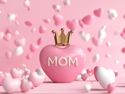 Pink Heart shaped Landscape Sculpture with Golden Crown Featuring MOM Lettering Surrounded by Small Hearts 3d model
