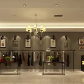 Elegant Clothing Store Interior With Hanging Clothes Chandeliers And Decorative Paintings