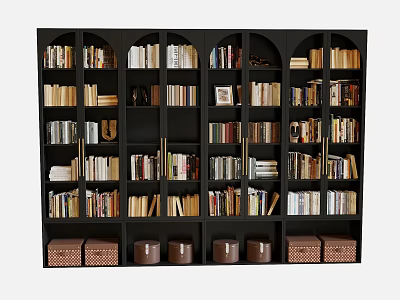 Black Multilayer Bookshelf Filled With Books Decorative Items Woven Baskets And Brown Jars 3d model