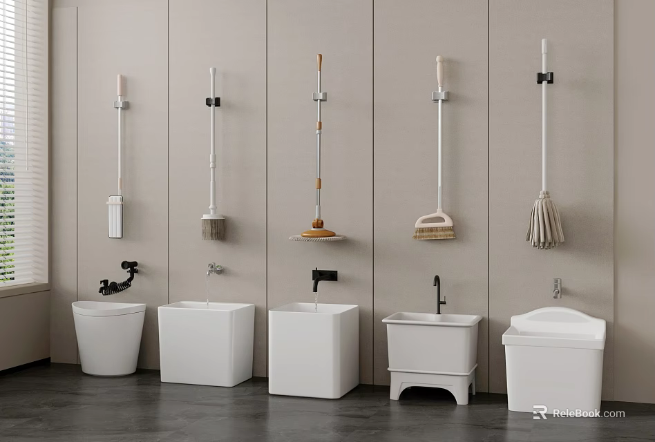 Practical Bathroom Accessories with Wall Mounted Mops Toilet Brushes and Mop Sinks 3d model 