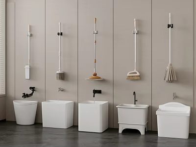 Practical Bathroom Accessories with Wall Mounted Mops Toilet Brushes and Mop Sinks 3d model