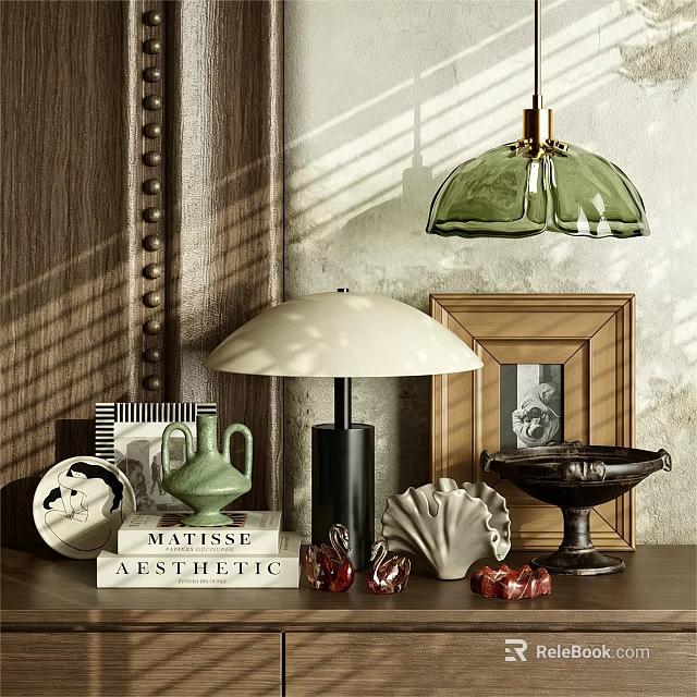 Elegant Decorative Ornament Collection With Table Lamp Picture Frame Green Vase And Shells 3d model 