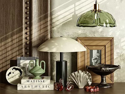 Elegant Decorative Ornament Collection With Table Lamp Picture Frame Green Vase And Shells 3d model