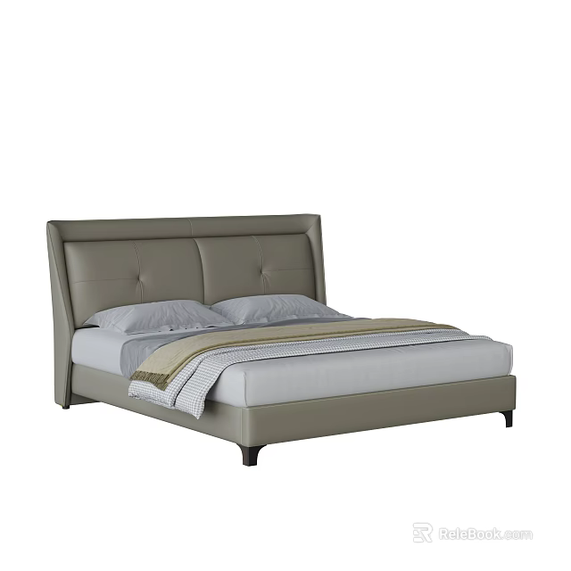 Modern Gray Leather Double Bed With Upholstered Headboard Pillows And Bedding 3d model