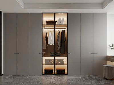 Modern Wardrobe Interior With Glass Doors Hanging Clothes And Drawers With Lighting 3d model