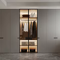 Modern Wardrobe Interior With Glass Doors Hanging Clothes And Drawers With Lighting