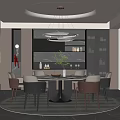 Modern Restaurant Interior With Round Dining Table Chairs Chandelier And Round Rug