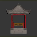 Traditional Chinese Pavilion with Red Pillars Gray Tiled Roof Yellow Railings and Stone Steps
