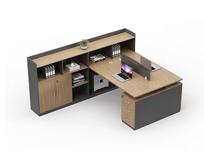Modern Office Desk Featuring Wooden Top Black Frame Cabinets Drawers Laptop And Potted Plant 3d model