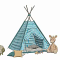 Blue and White Striped Kids Tepee Tent with Stuffed Giraffe Sheep and Plush Toys