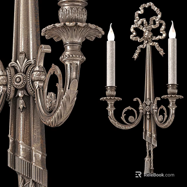 Ornate Classic Metal Wall Lamp With Intricate Carvings And Candle Holders 3d model 