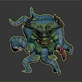 Green Game Movie Character With Horns Holding Red Staff On Blue Pink Tentacle Octopus Creature