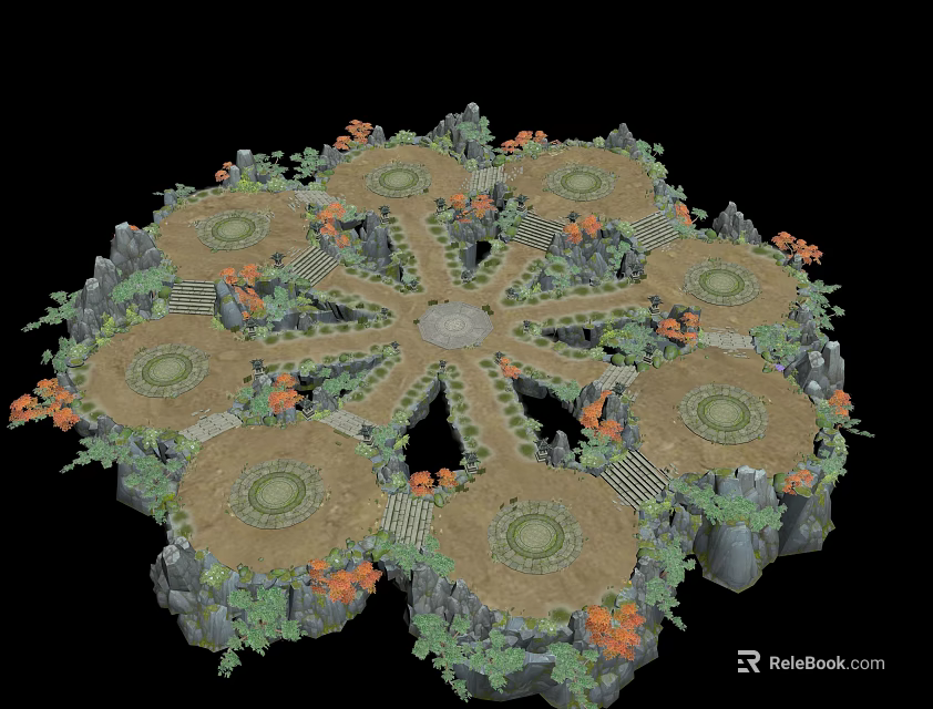 Intricate Radial Landscape Structure With Circular Platforms Green Plants Orange Flowers And Stone Rocks 3d model 