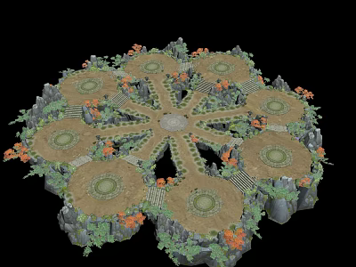 Intricate Radial Landscape Structure With Circular Platforms Green Plants Orange Flowers And Stone Rocks 3d model