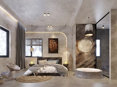 Hotel Guest Room Interior With Cozy Bed Round Bathtub Hanging Lamps And Woven Rug 3d model