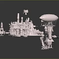 Pink Fantasy Architecture 3D Model Featuring Towers Airship Mechanical Structures And Miniature Design