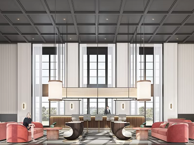 Modern Sales Office Interior Design With Large Pendant Lights Windows Pink Sofas And Round Tables 3d model