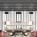 Modern Sales Office Interior Design With Large Pendant Lights Windows Pink Sofas And Round Tables