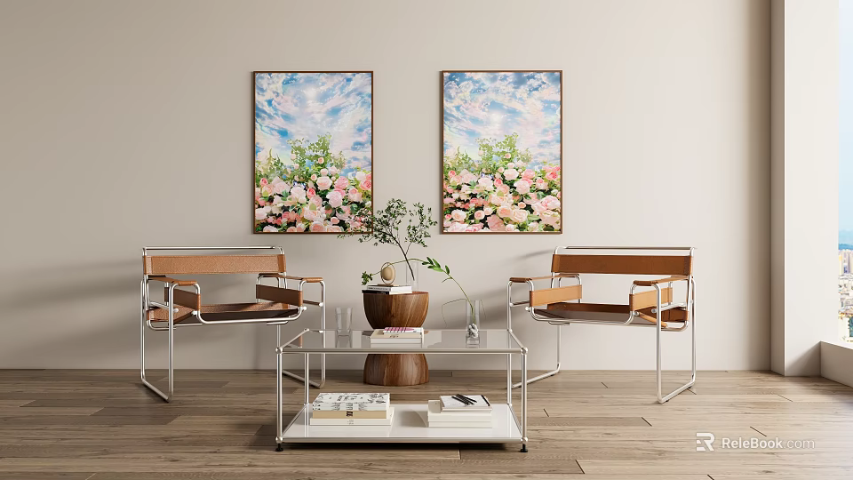 Modern Living Room With Floral Paintings Two Chairs Glass Coffee Table Vase And Books 3d model 