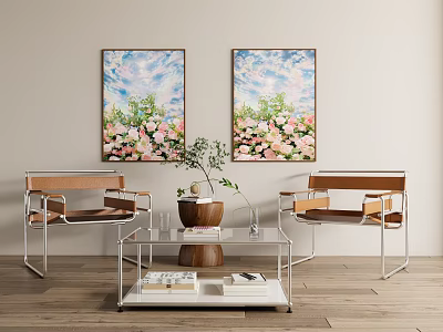Modern Living Room With Floral Paintings Two Chairs Glass Coffee Table Vase And Books 3d model