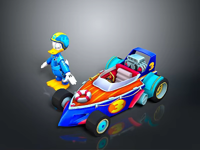 Colorful Toy Car Model With Blue Wheels Orange Accents And Cartoon Duck Figure 3d model