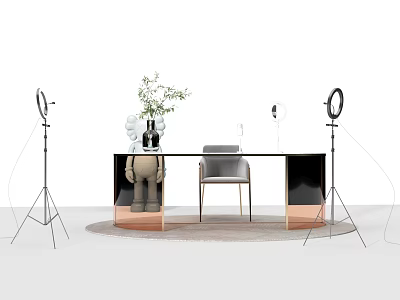 Black And Copper Desk With Green Plant Clear Decorative Balls Gray Chair And Studio Lights 3d model