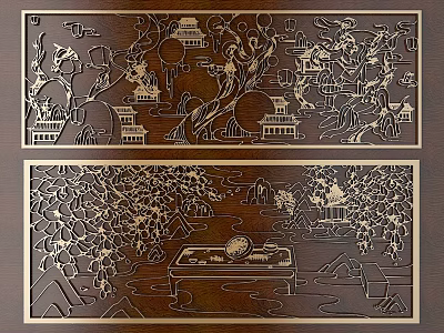 Detailed Carved Patterns on Wooden Panels with Pavilions Trees and Landscape 3d model