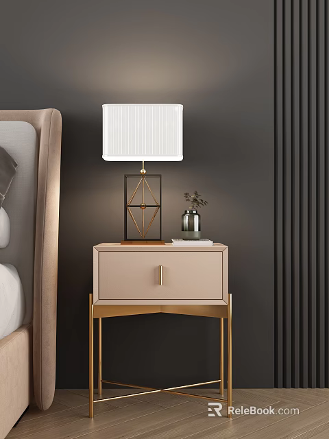 Elegant Beige Bedside Table With Gold Legs Handle White Geometric Lamp And Green Plant Vase 3d model 
