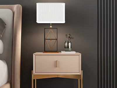 Elegant Beige Bedside Table With Gold Legs Handle White Geometric Lamp And Green Plant Vase 3d model