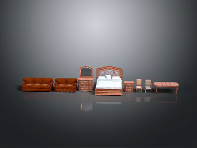 Classic Modern Brown Furniture Collection Including Sofa Bed Nightstand Chairs And Table 3d model