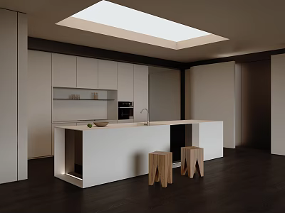 Modern Open Kitchen Bar Counter With White Design And Wooden Stools 3d model