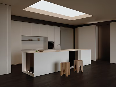 Modern Open Kitchen Bar Counter With White Design And Wooden Stools 3d model