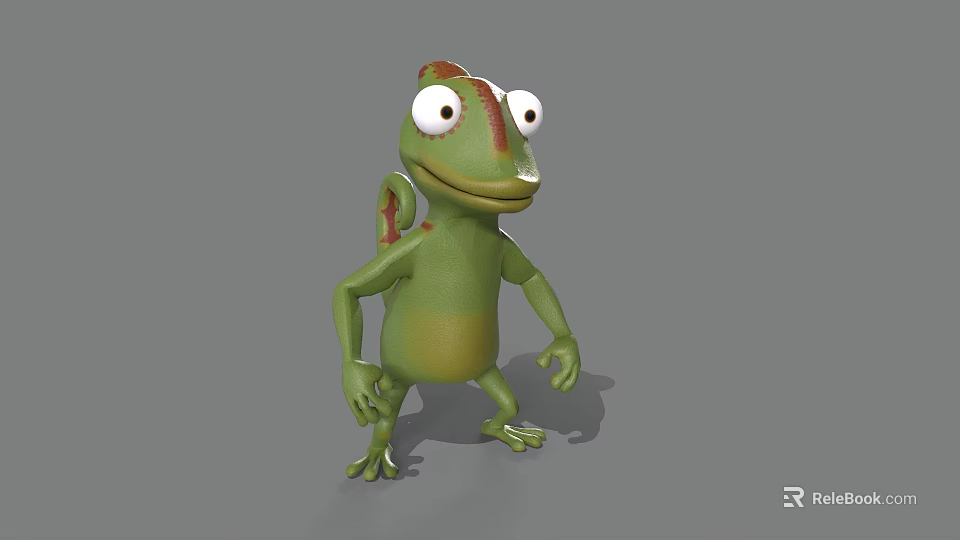 Cartoon Lizard 3D Model With Green Body Red Spots Big Eyes And Gray Background 3d model 
