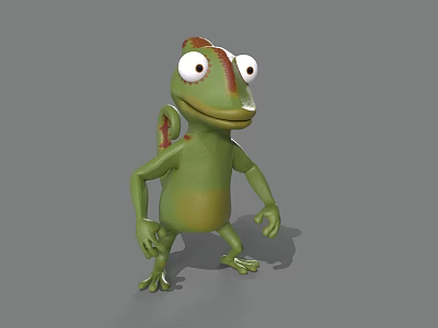 Cartoon Lizard 3D Model With Green Body Red Spots Big Eyes And Gray Background 3d model