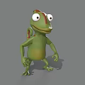 Cartoon Lizard 3D Model With Green Body Red Spots Big Eyes And Gray Background