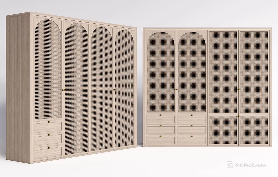 Modern Light Wood Wardrobe With Arched Lattice Doors And Bottom Drawers Design 3d model 