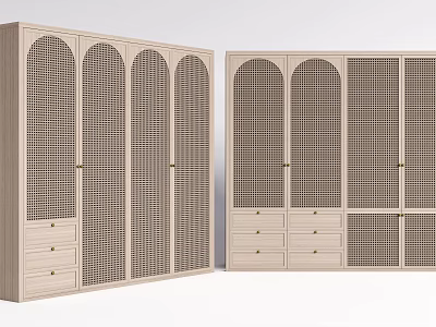Modern Light Wood Wardrobe With Arched Lattice Doors And Bottom Drawers Design 3d model