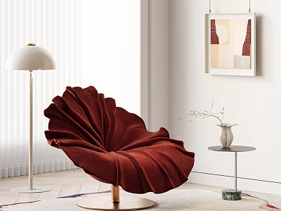 Velvet Red Petal Shaped Accent Chair With Floor Lamp Side Table And Abstract Art 3d model