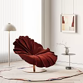 Velvet Red Petal Shaped Accent Chair With Floor Lamp Side Table And Abstract Art