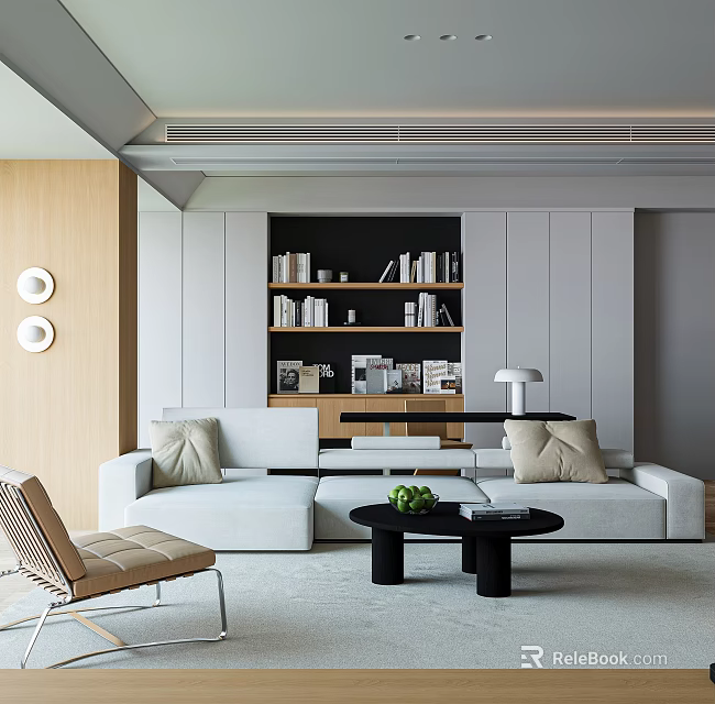 Modern Study Room Interior With Built in Bookshelves And Comfortable Sofa Area 3d model