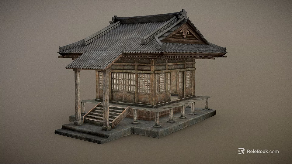 Ancient Traditional Wooden Building With Sloped Tile Roof Lattice Windows And Stone Steps 3d model 