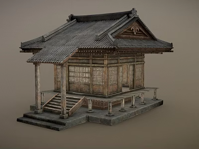 Ancient Traditional Wooden Building With Sloped Tile Roof Lattice Windows And Stone Steps 3d model