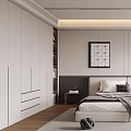Modern Bedroom Interior With Bed Pillows Blanket Decorative Painting Window Blinds And Accent Chair