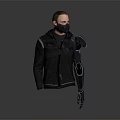 Human Character In Black Hooded Jacket With Black Mask And Mechanical Arm With Blue Details