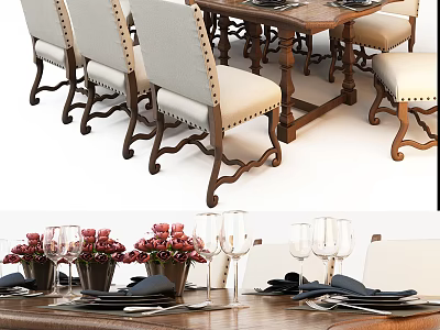 Rustic Wooden Dining Table Set With Upholstered Chairs Flower Vase And Wine Glasses 3d model
