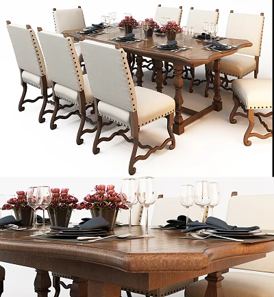 Rustic Wooden Dining Table Set With Upholstered Chairs Flower Vase And Wine Glasses 3d model