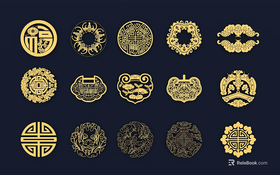 Traditional Chinese Golden Wall Decor Featuring Circular Ruyi Shaped Lucky Ornamental Patterns 3d model 