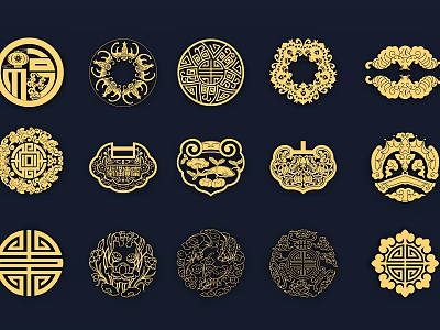 Traditional Chinese Golden Wall Decor Featuring Circular Ruyi Shaped Lucky Ornamental Patterns 3d model