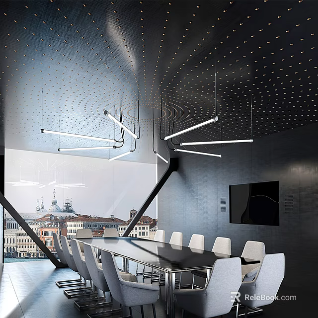 Modern Conference Room Interior With Long Table White Chairs Hanging Lights And Large Windows 3d model 