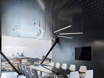 Modern Conference Room Interior With Long Table White Chairs Hanging Lights And Large Windows 3d model